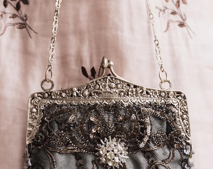 Antique Silver (800) Beaded Lace Purse, Vintage style evening Bag