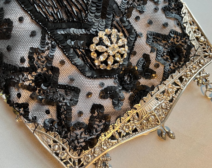 Antique Silver (800) Beaded Lace Purse, Vintage style evening Bag