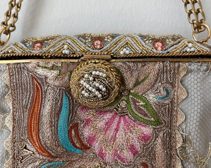 Antique  micro beaded purse frame remade in gold lace and embroidered silk