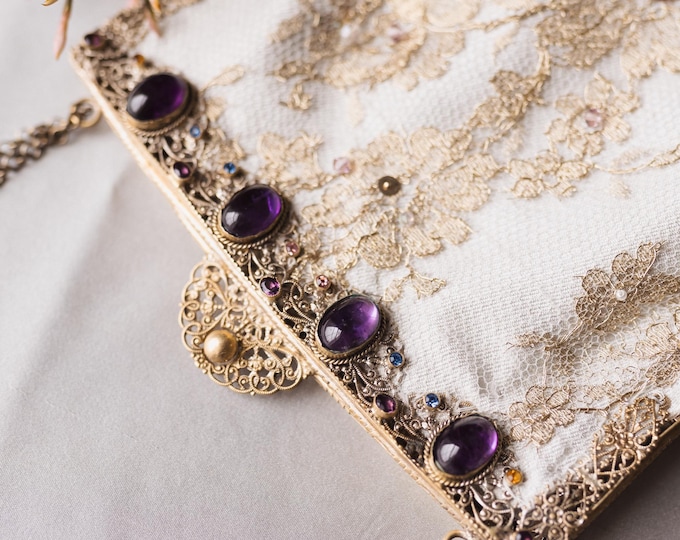 Antique Gilt Purse with Amethyst Stones & Gold French Lace