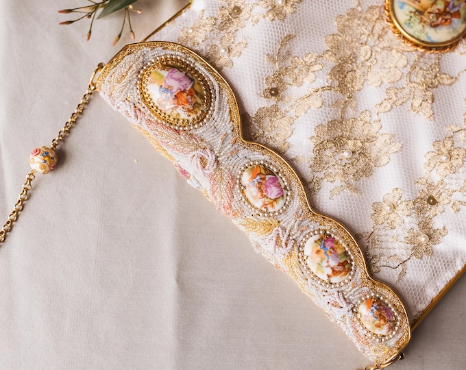 Antique Limoges Cameo Beaded Purse: Upcycled Lace Bridal Bag