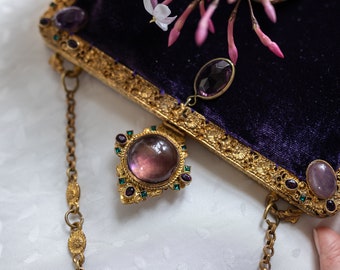 1920 s antique  jewelled purse frame with genuine Amethysts UpCycled and remade in Vintage purple silk velvet .