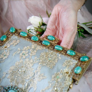 Antique peking glass jewelled purse frame 1940 UpCycled and remade in french gold lace.