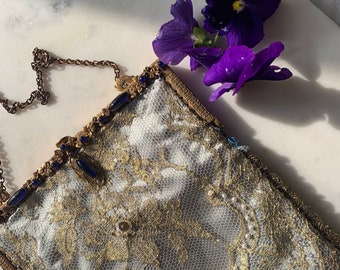 Antique deep blue glass jewelled purse frame 1940 UpCycled and remade in french gold lace.
