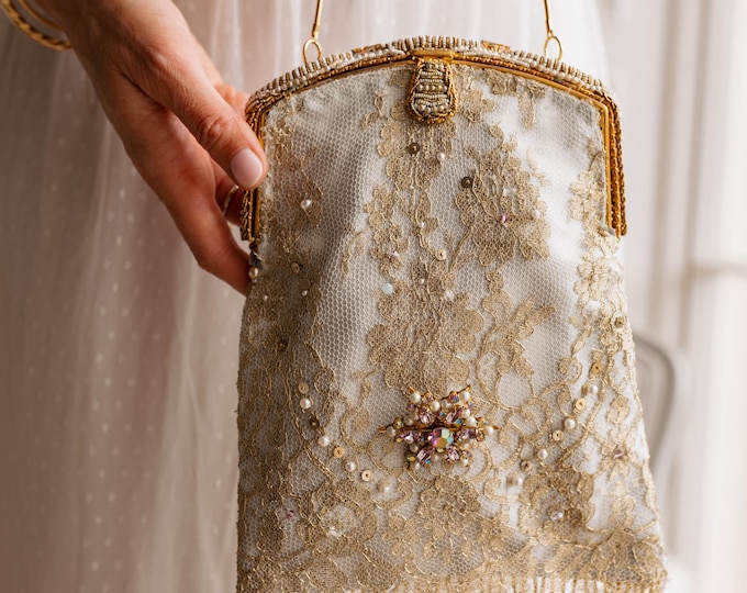 Antique  micro beaded purse frame remade in French gold beaded lace over  silver silk.