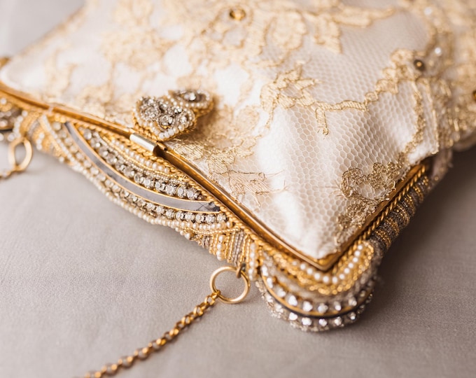 Antique Rhinestone and pearl purse frame with UpCycled and remade in gold lace