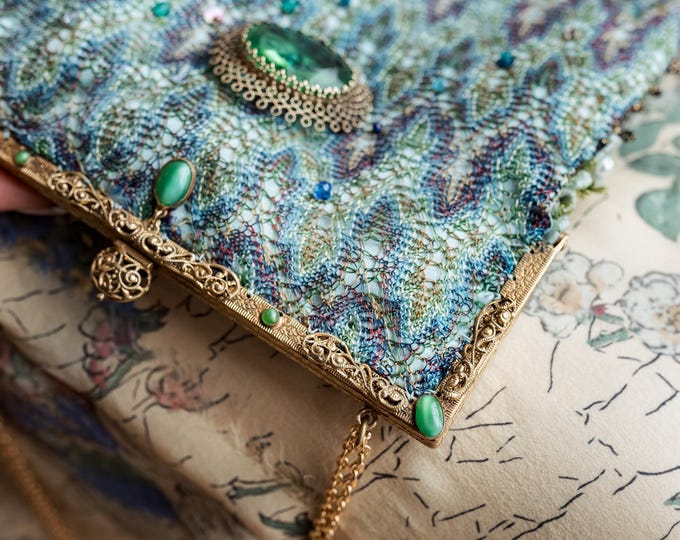 Antique jewelled purse frame remade in vintage silk