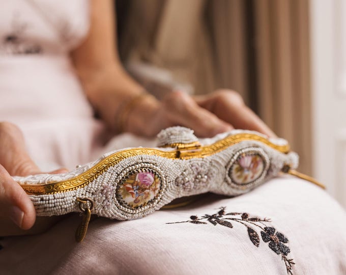 Antique Limoges Cameo Beaded Purse: Upcycled Lace Bridal Bag