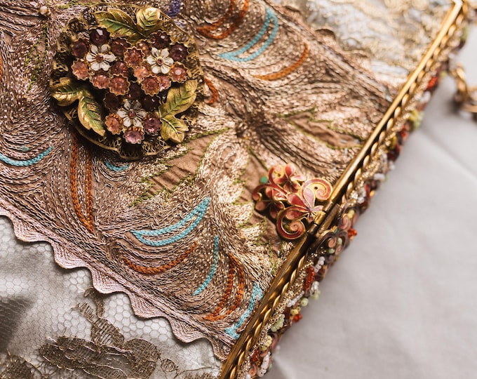 Antique Beaded enamel Purse frame Remade andUpcycled in Gold Lace & Embroidered braid