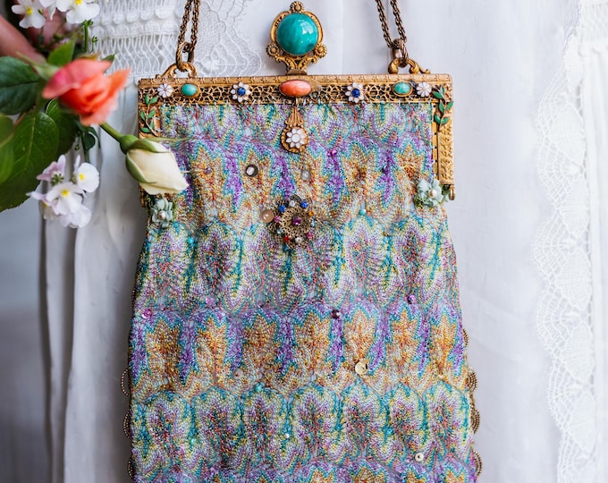 Antique jewelled purse frame remade in vintage silk