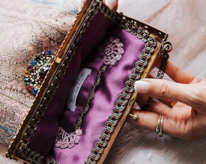 Antique carved gilt purse frame UpCycled and remade in antique silk shawl fabric .