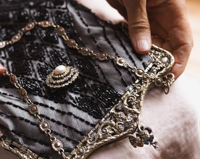 Antique Black Beaded Lace , Vintage style evening Bag .