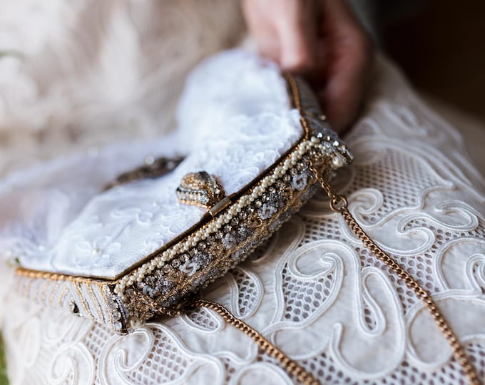 Antique micro Beaded Purse frame Upcycled in white Lace evening Bag