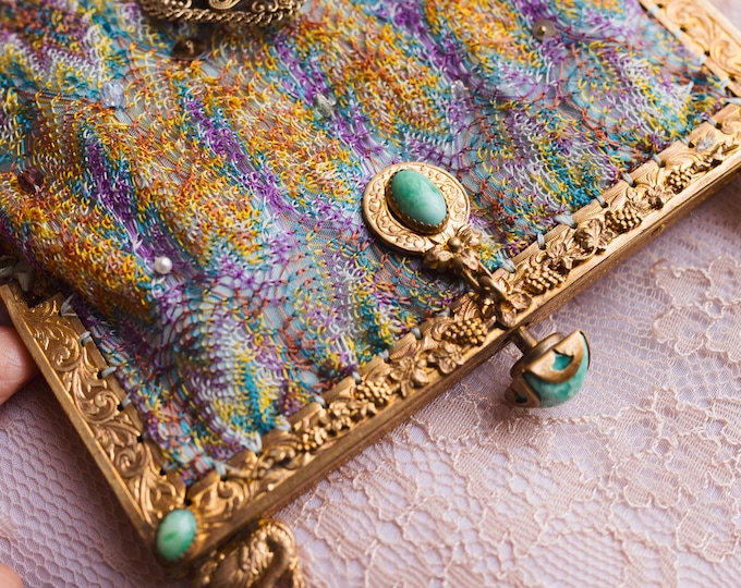 Antique jewelled purse frame remade in vintage silk