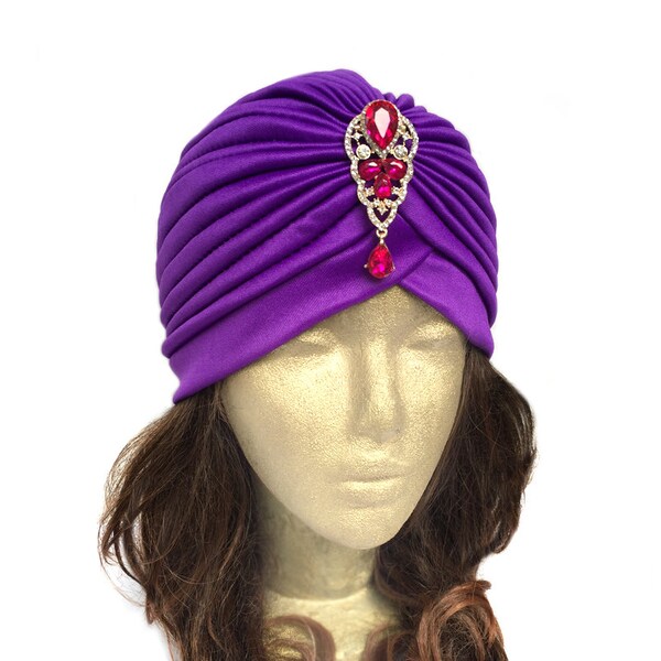 Turban Hat Purple Full Headband Fashion Stretch Turban Hat Head Wrap Great Gatsby 20s Hat Hijab with Rhinestone Embellishment