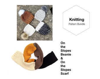 On the Slopes Beanie and Scarf Knitting Pattern Bundle|Knitting Pattern|Knit Scarf Pattern|Knit Beanie Pattern|Knit Scarf|Knit Beanie|