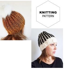 May include: Two knitted hats. One is brown with a white fur pom-pom. The other is black and white striped. The image also includes the text "KNITTING PATTERN" inside a hexagon.
