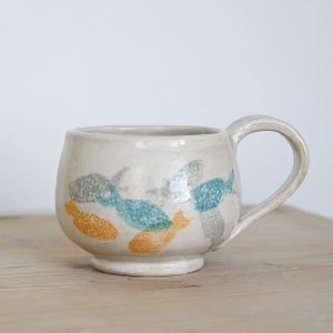 Ceramic mug, large, handmade in stoneware, painted with a fish motif in dove gray, teal and tangerine. image 2