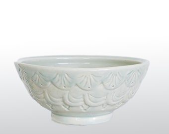 Carved ceramic serving bowl in white stoneware, in pale green celadon