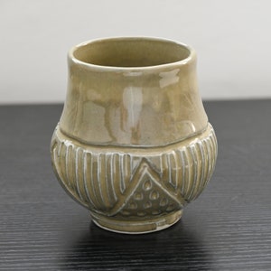 Ceramic cup, handmade and hand carved in porcelain, and glazed in a gray-green. image 1