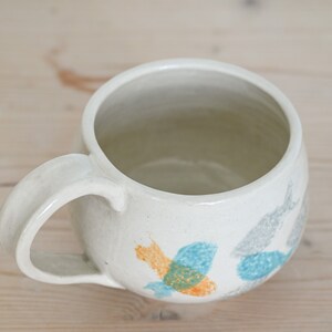 Ceramic mug, large, handmade in stoneware, painted with a fish motif in dove gray, teal and tangerine. image 3