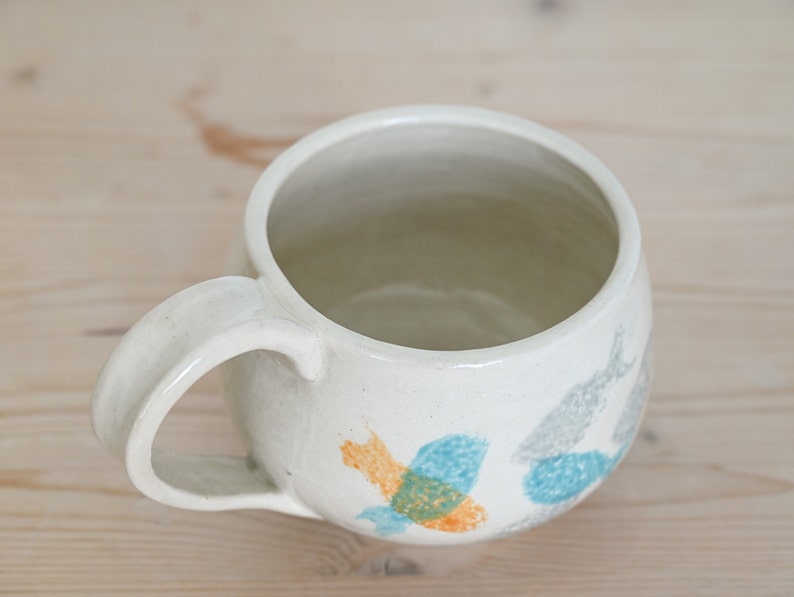 Ceramic mug, large, handmade in stoneware, painted with a fish motif in dove gray, teal and tangerine. image 3