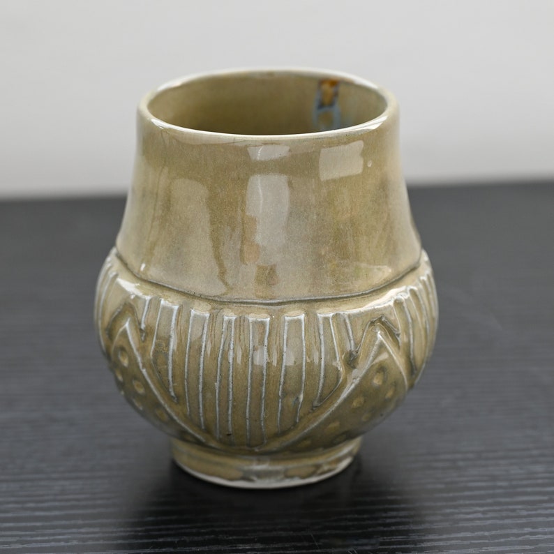 Ceramic cup, handmade and hand carved in porcelain, and glazed in a gray-green. image 3