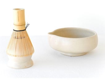 Handmade Ceramic Matcha Bowl Set: White Stoneware Chawan + Whisk Holder