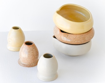 Matcha Bowl and Whisk Holder Set – Handmade Ceramic Chawan + Stand – Rustic Pottery Matcha Kit