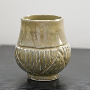 Ceramic cup, handmade and hand carved in porcelain, and glazed in a gray-green. image 2