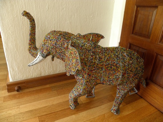 African Beaded Wire Animal Sculpture ELEPHANT LARGE Multicolor