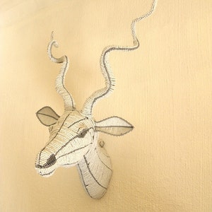 African Beaded Wire Animal Sculpture - KUDU ANTELOPE Head - White