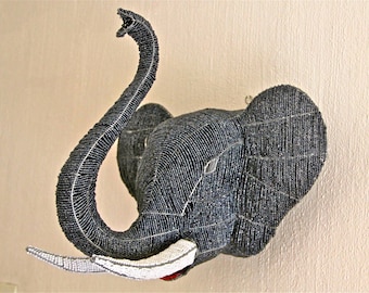 African Beaded Wire Animal Sculpture - ELEPHANT HEAD
