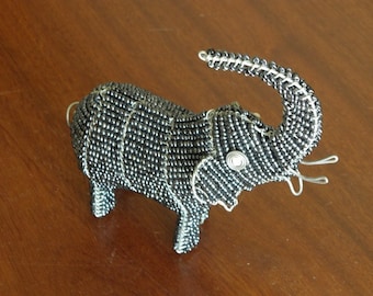 African Beaded Wire Animal Sculpture - ELEPHANT SMALL - Gray