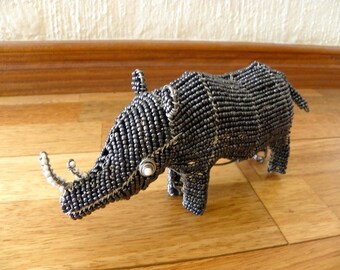 African Beaded Wire Animal Sculpture - RHINO SMALL - Gray