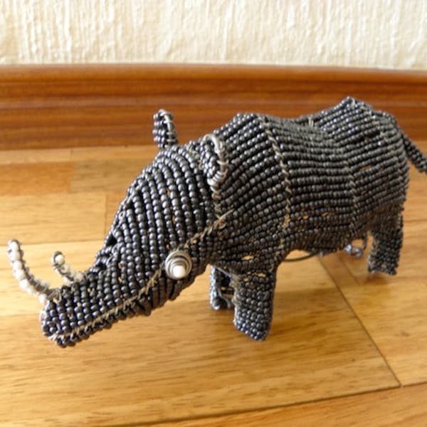 African Beaded Wire Animal Sculpture - RHINO SMALL - Gray