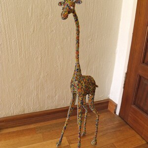African Beaded Wire Animal Sculpture - GIRAFFE LARGE - Multicolor