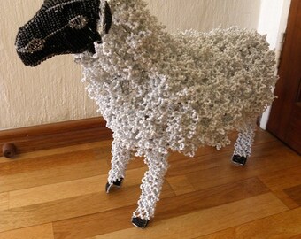 African Beaded Wire Animal Sculpture - SHEEP - White Woolly w/ Black Head