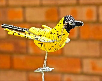 African Beaded Wire Animal Sculpture - BIRD SMALL - Weaver Yellow/Black with stand
