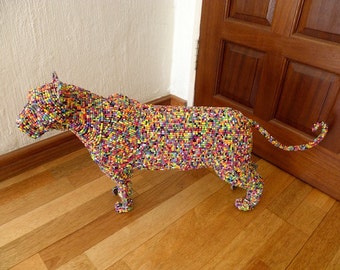 African Beaded Wire Animal Sculpture - LEOPARD MEDIUM - Multicolored