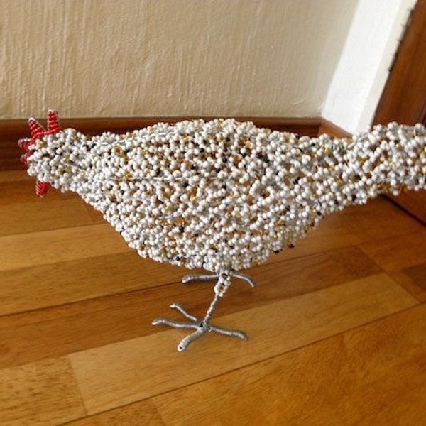 African Beaded Wire Animal Sculpture - CHICKEN LARGE - White