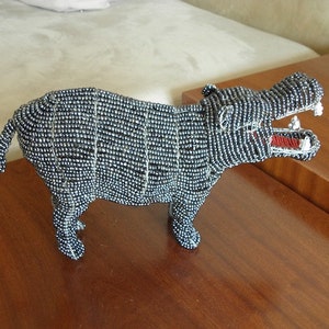 African Beaded Wire Animal Sculpture - HIPPO MEDIUM - Gray