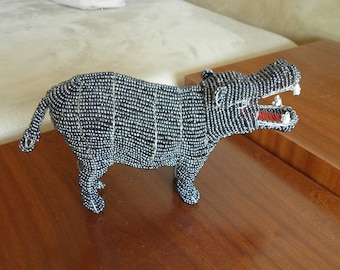 African Beaded Wire Animal Sculpture - HIPPO MEDIUM - Gray