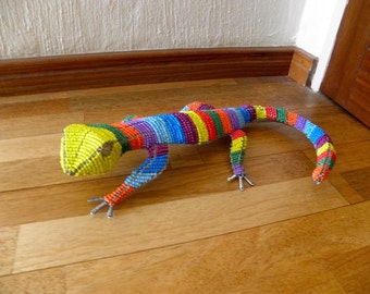 African Beaded Wire Animal Sculpture - GECKO - Rainbow