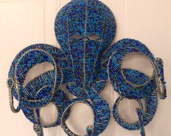 African Beaded Wire Sculpture -  Octopus Key Rack - Light and dark blue