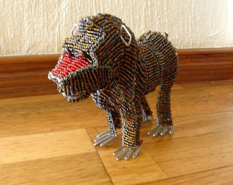 African Beaded Wire Animal Sculpture - BABOON SMALL - Red Nose