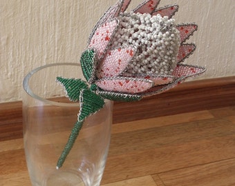 African Beaded Wire Flower - PROTEA - Pink and White