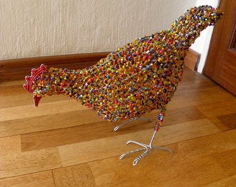 African Beaded Wire Animal Sculpture - CHICKEN LARGE - Orange Multicolored
