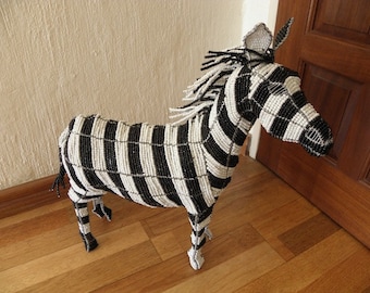 African Beaded Wire Animal Sculpture - ZEBRA LARGE - Black & White