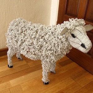 African Beaded Wire Animal Sculpture - SHEEP - White Large